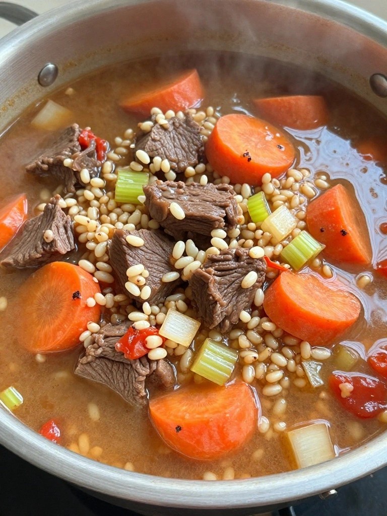 Steaming beef and barley soup with carrots and celery in a pot.