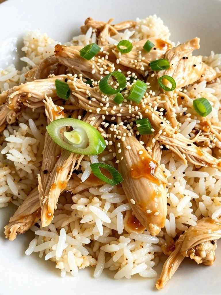Shredded chicken over rice with green onions and sesame seeds.
