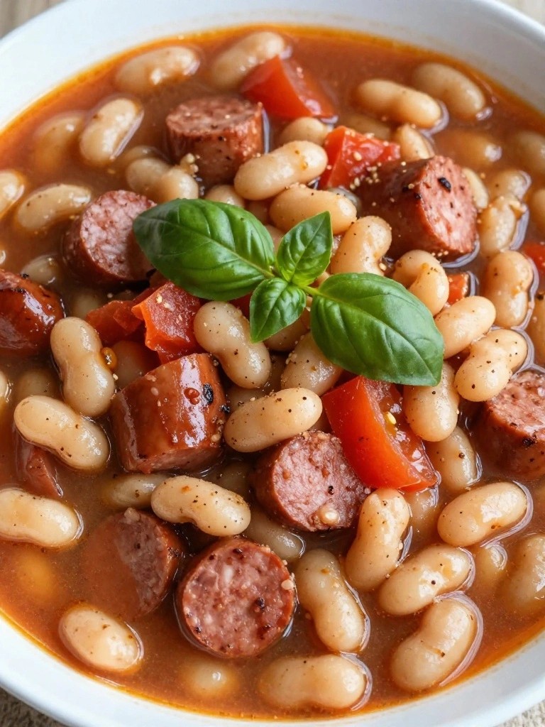 Bowl of white bean soup with sliced sausage and fresh basil.