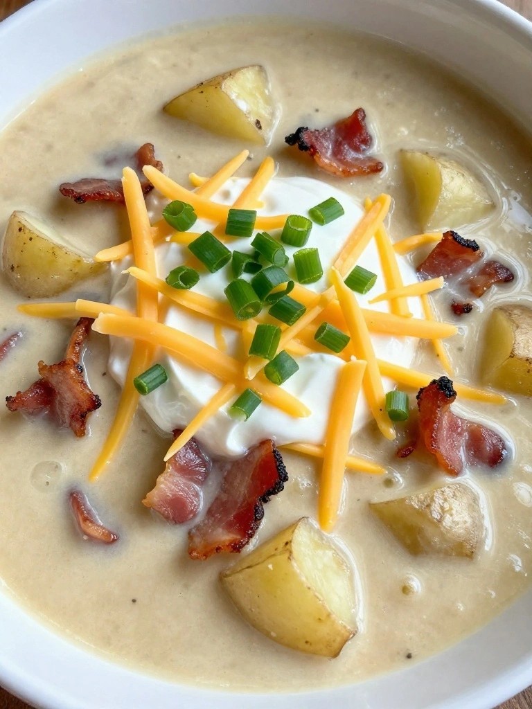 Creamy potato soup topped with bacon, cheese, sour cream, and chives.