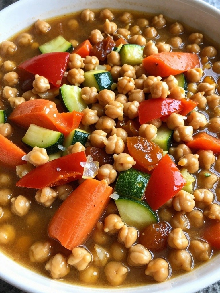 Chickpea stew with carrots, zucchini, and red peppers in broth.