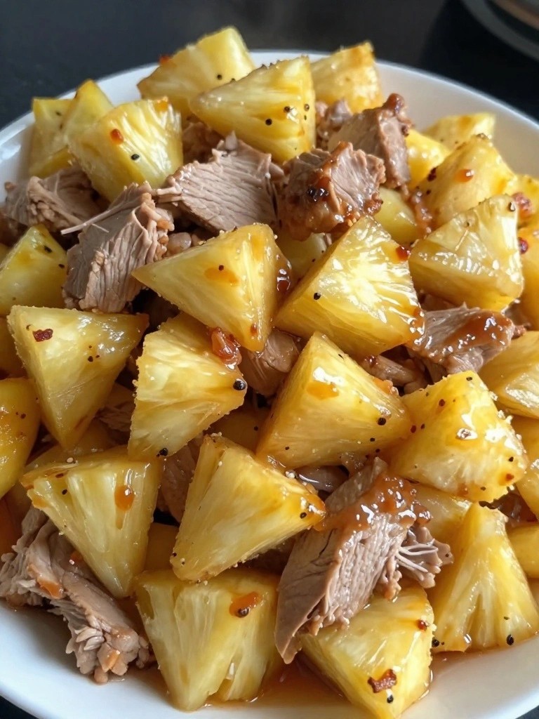Pineapple chunks and shredded meat in glossy sauce.