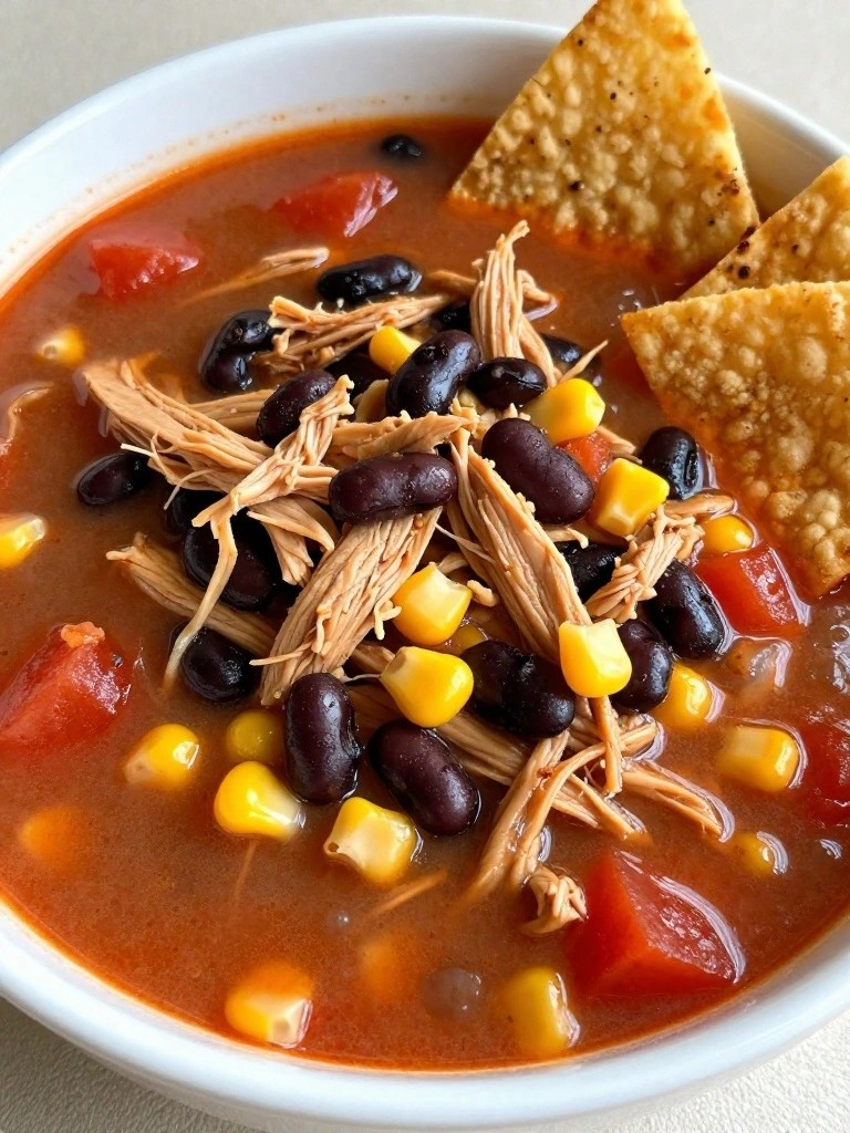Shredded chicken, black beans, corn, and tomatoes in red soup with tortilla chips.