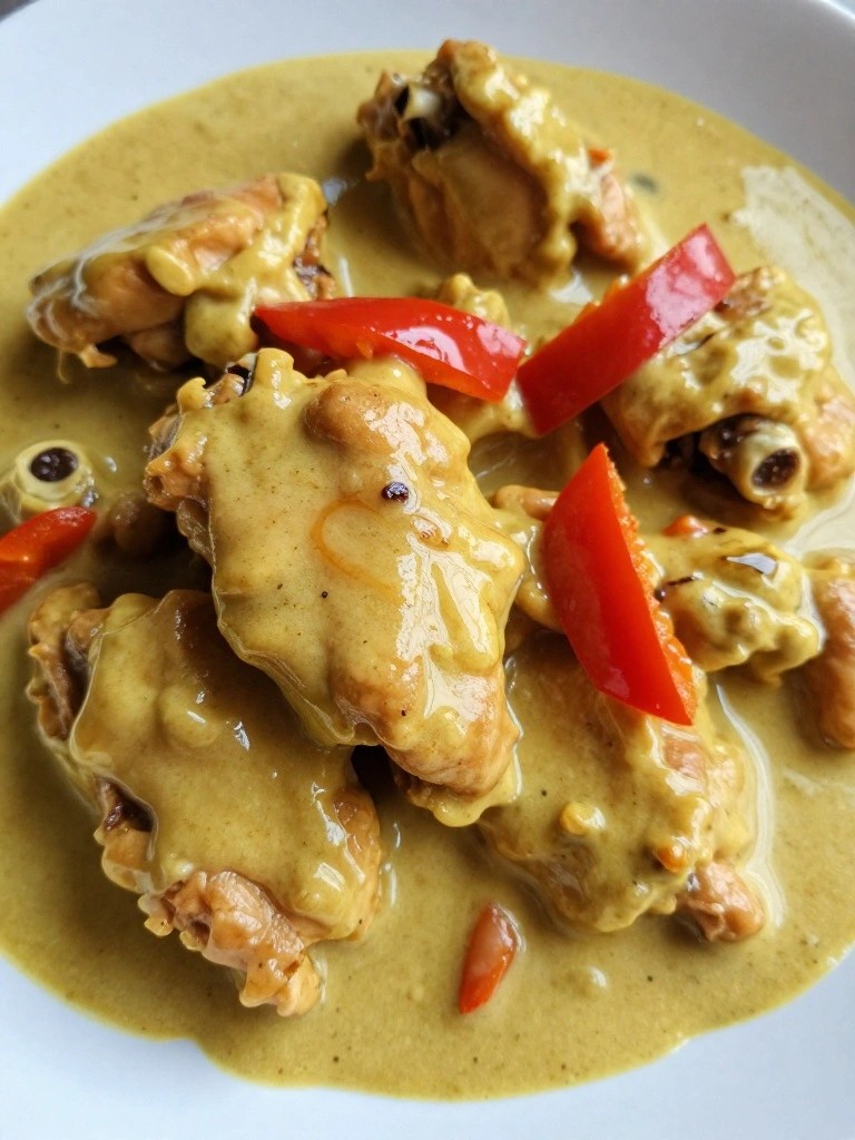 Creamy yellow chicken curry with red bell peppers in a bowl.