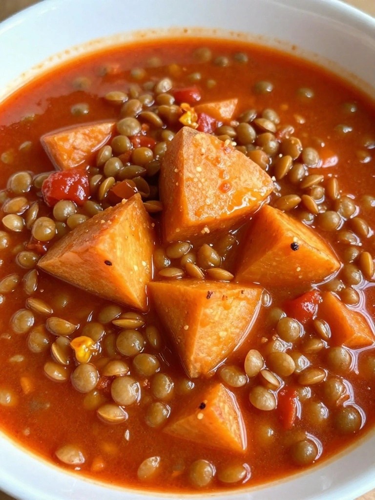 Bowl of lentil soup with sweet potato chunks in red broth.