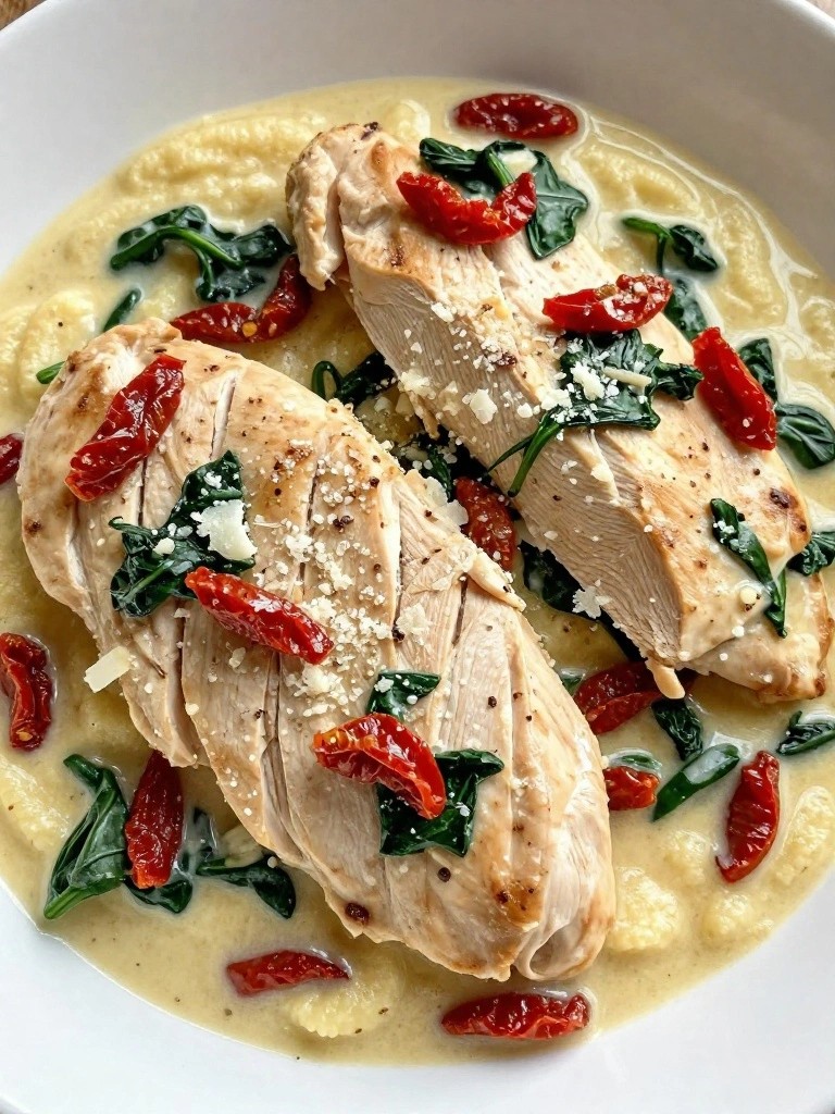 Creamy Tuscan Chicken with Sun-Dried Tomatoes and Polenta