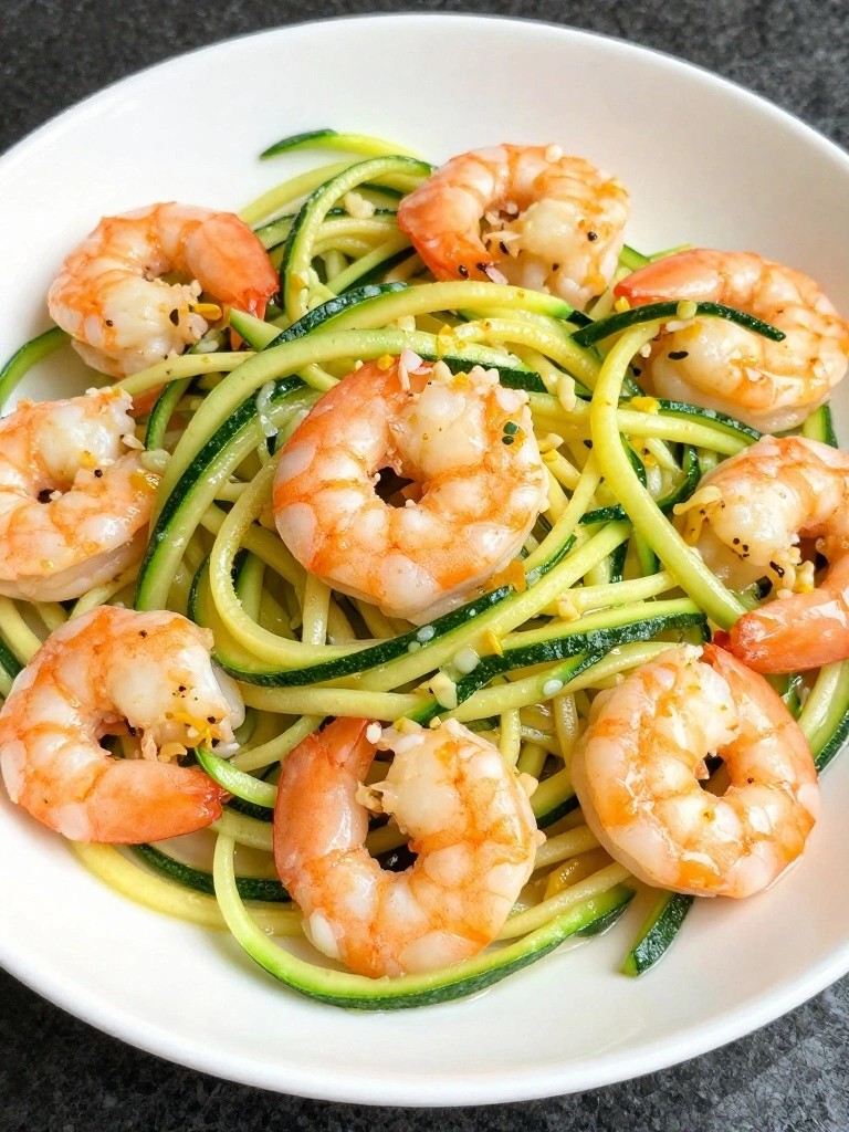 Shrimp and zucchini noodles in a white bowl.