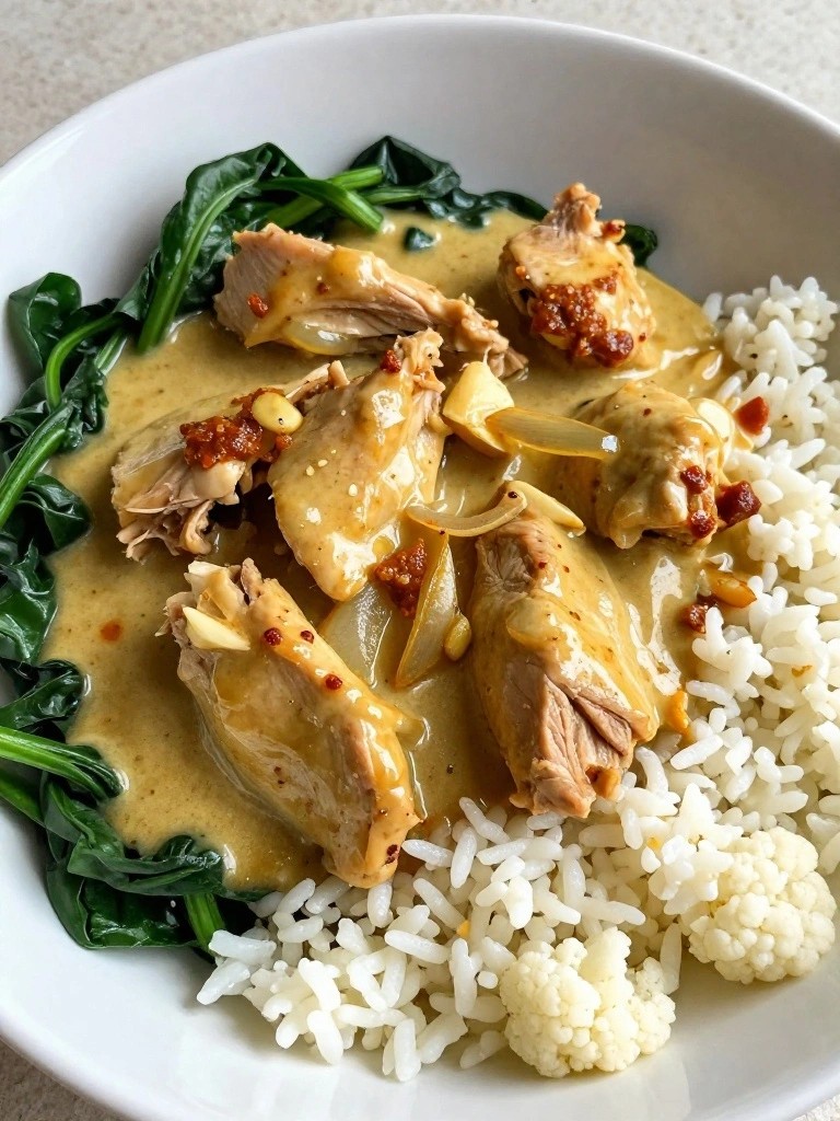 Slow Cooker Coconut Curry Turkey with Spinach and Cauliflower Rice