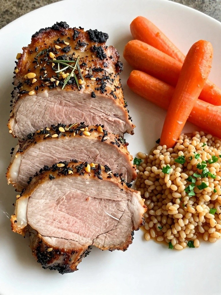 Slow Cooker Herb-Crusted Pork Tenderloin with Roasted Carrots and Farro