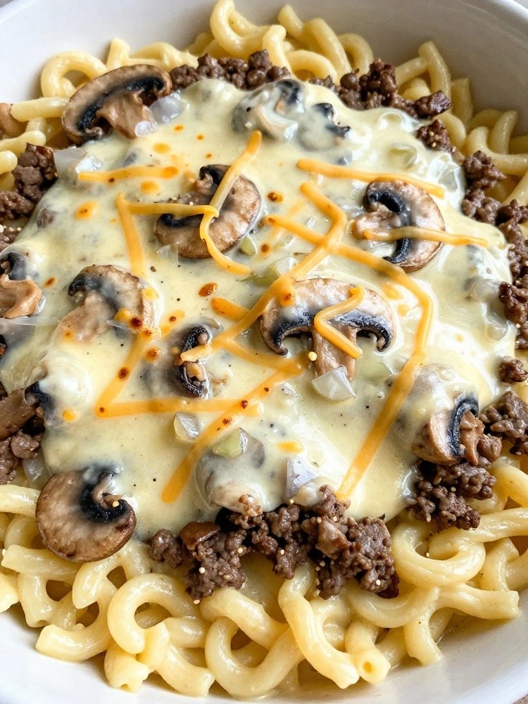 Mushroom Swiss Burger Noodle Casserole