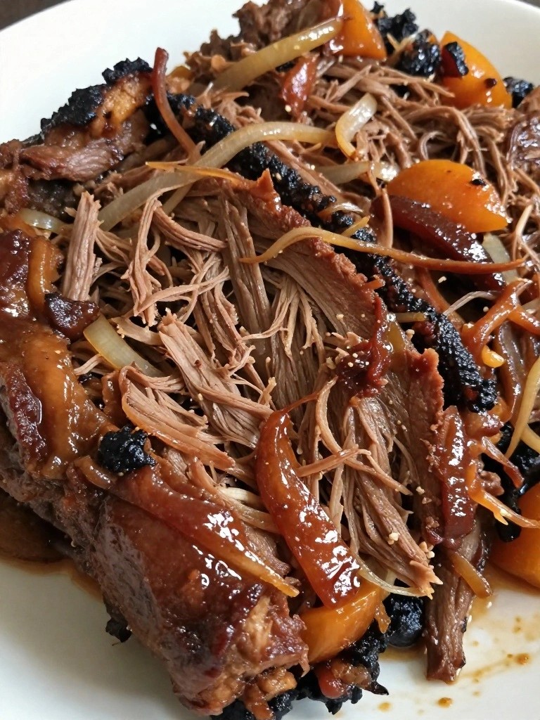 Shredded braised meat with glossy onions and dried fruit.