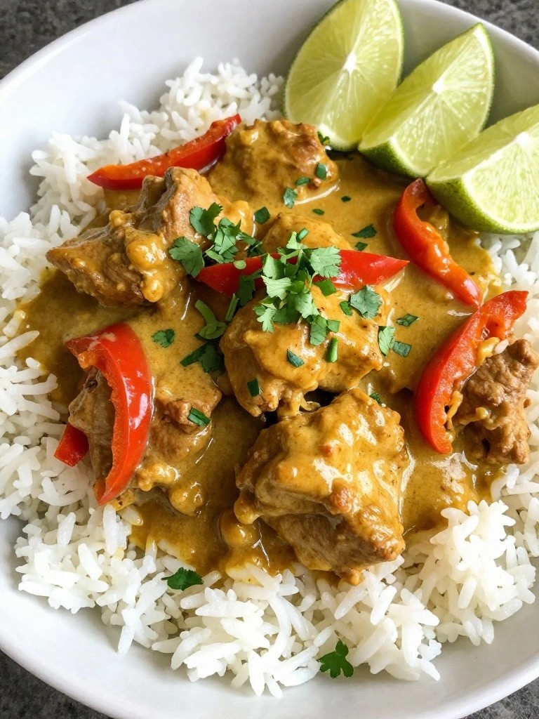 Creamy curry with meat, red peppers, and lime over white rice.