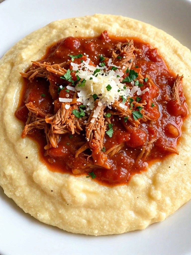Shredded meat in red sauce over creamy polenta with herbs and cheese.