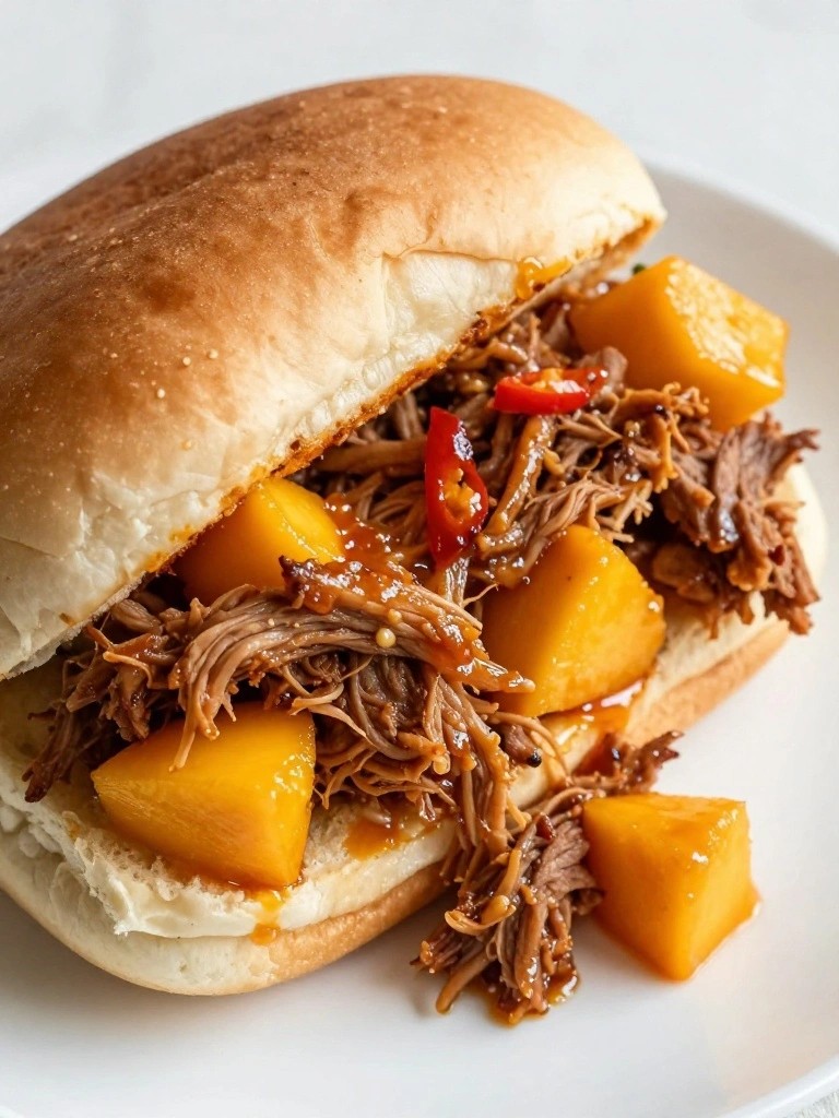 Pulled meat sandwich with mango chunks and red chilies on bun.