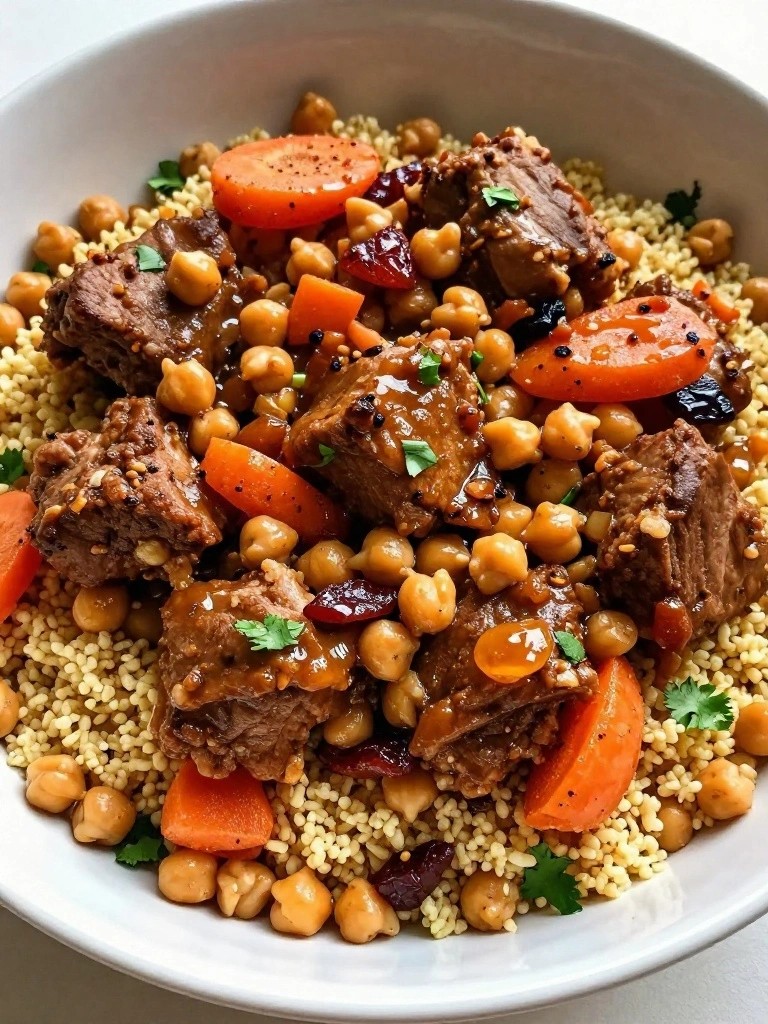 Bowl of couscous with meat chunks, chickpeas, carrots, and herbs.