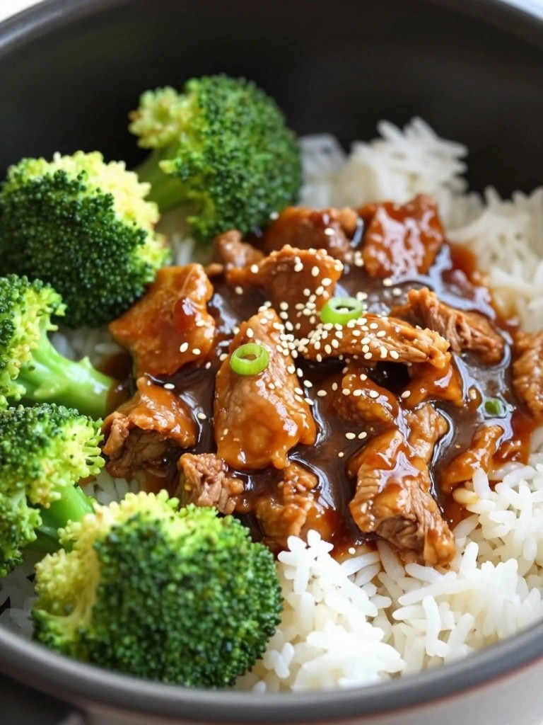 Beef and broccoli stir-fry over white rice with sesame seeds.
