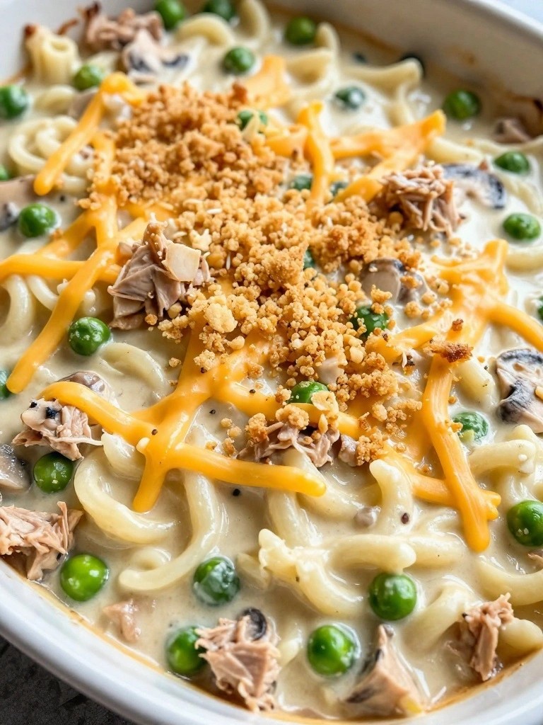 Creamy tuna noodle casserole topped with shredded cheese and breadcrumbs.