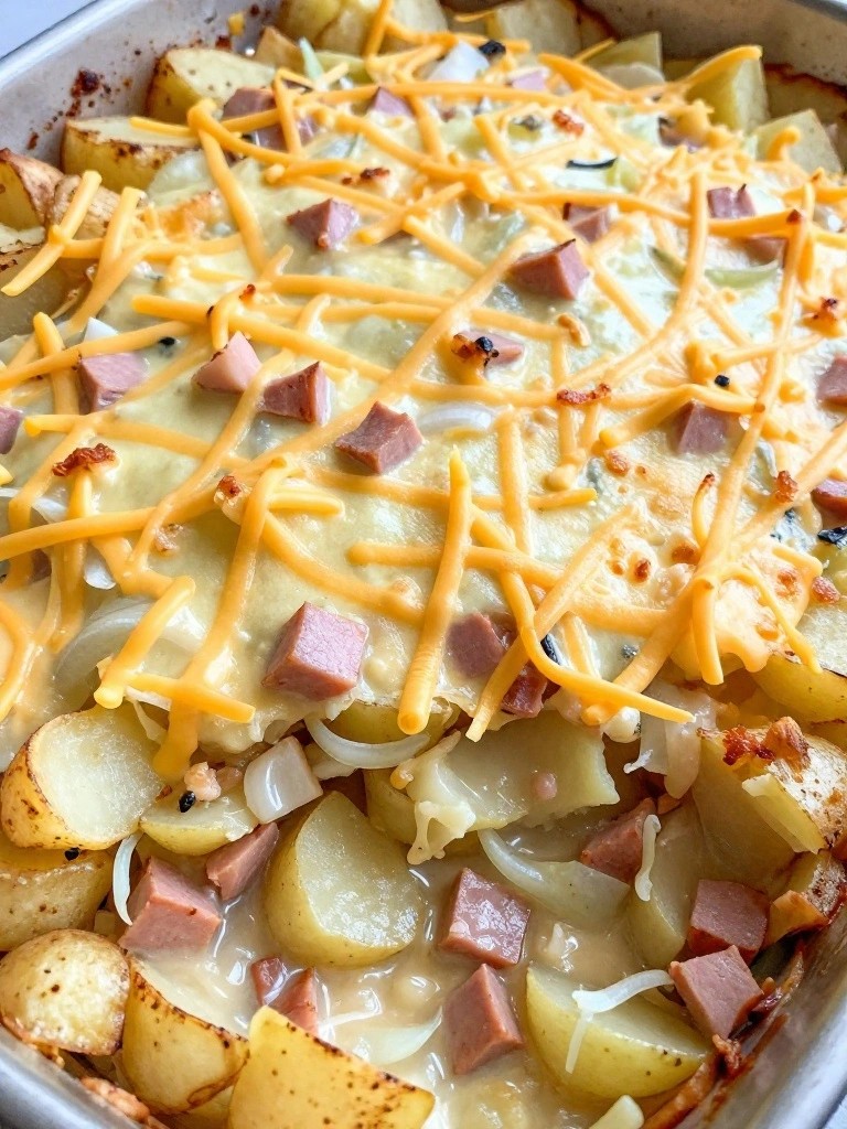 Cheesy potato casserole with ham, onions, and melted cheese topping.