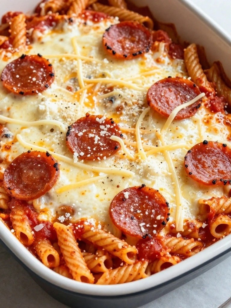 Baked pasta casserole with melted cheese and pepperoni slices.