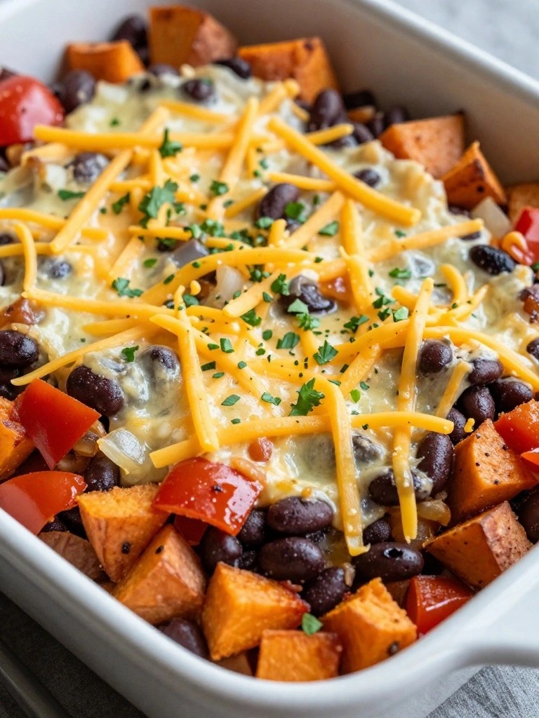 Cheesy sweet potato black bean casserole topped with herbs.