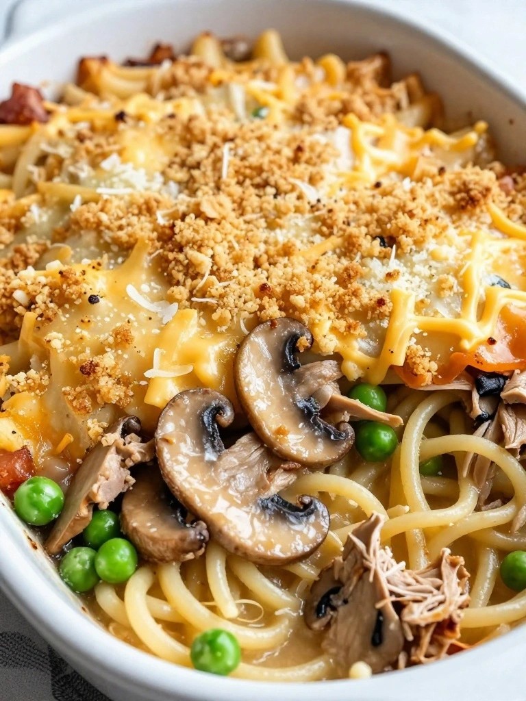 Creamy pasta bake topped with cheese, breadcrumbs, mushrooms, peas, and shredded meat.