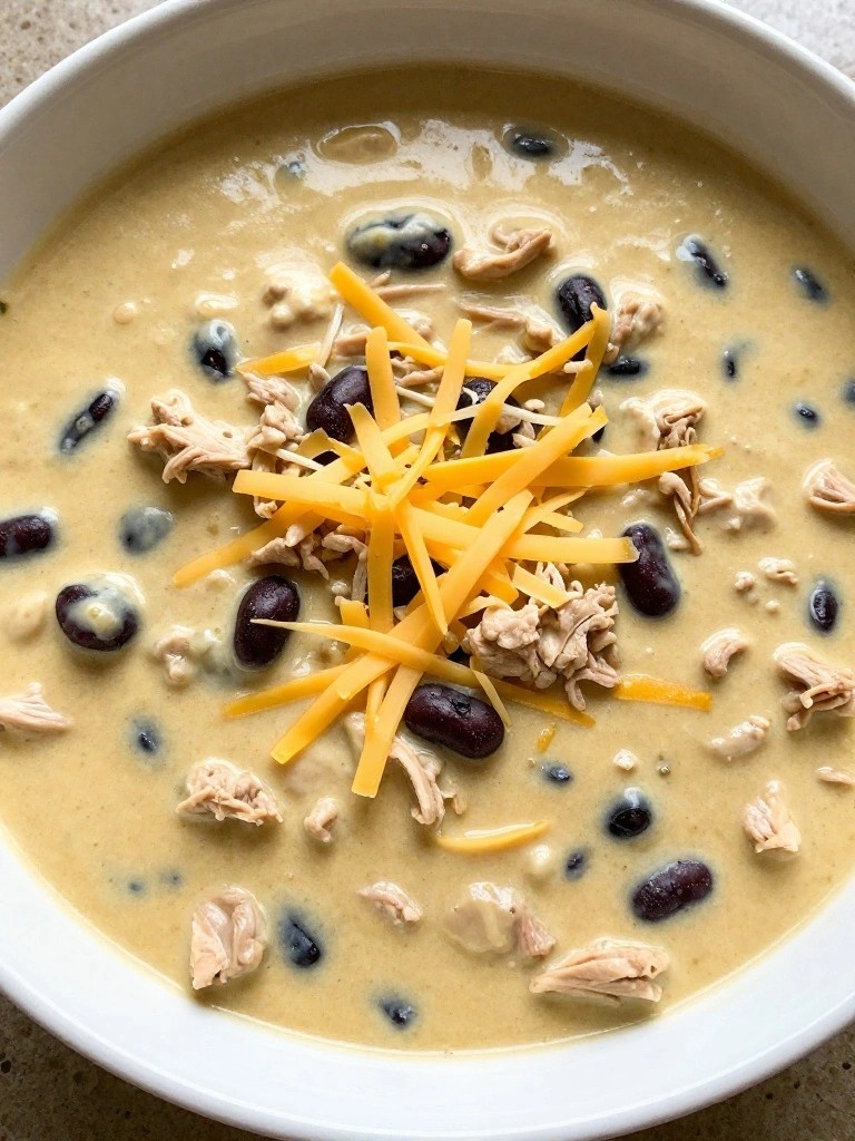 Creamy beige soup topped with shredded cheese, chicken, and black beans.