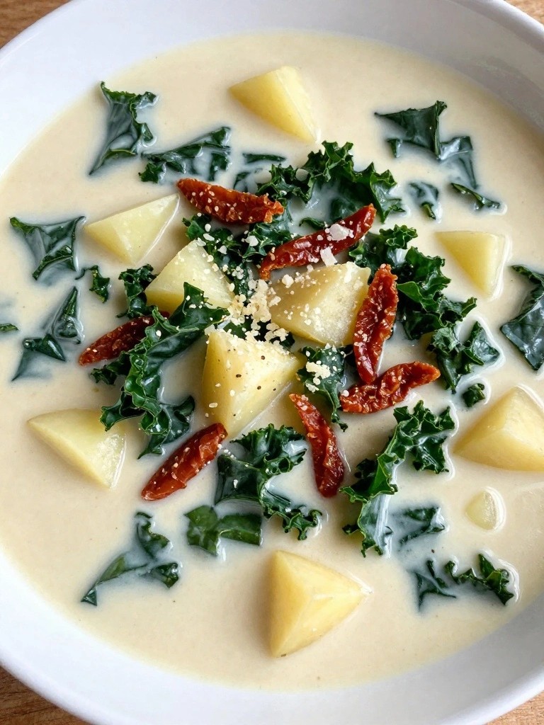 Creamy potato kale soup topped with sun-dried tomatoes and parmesan.