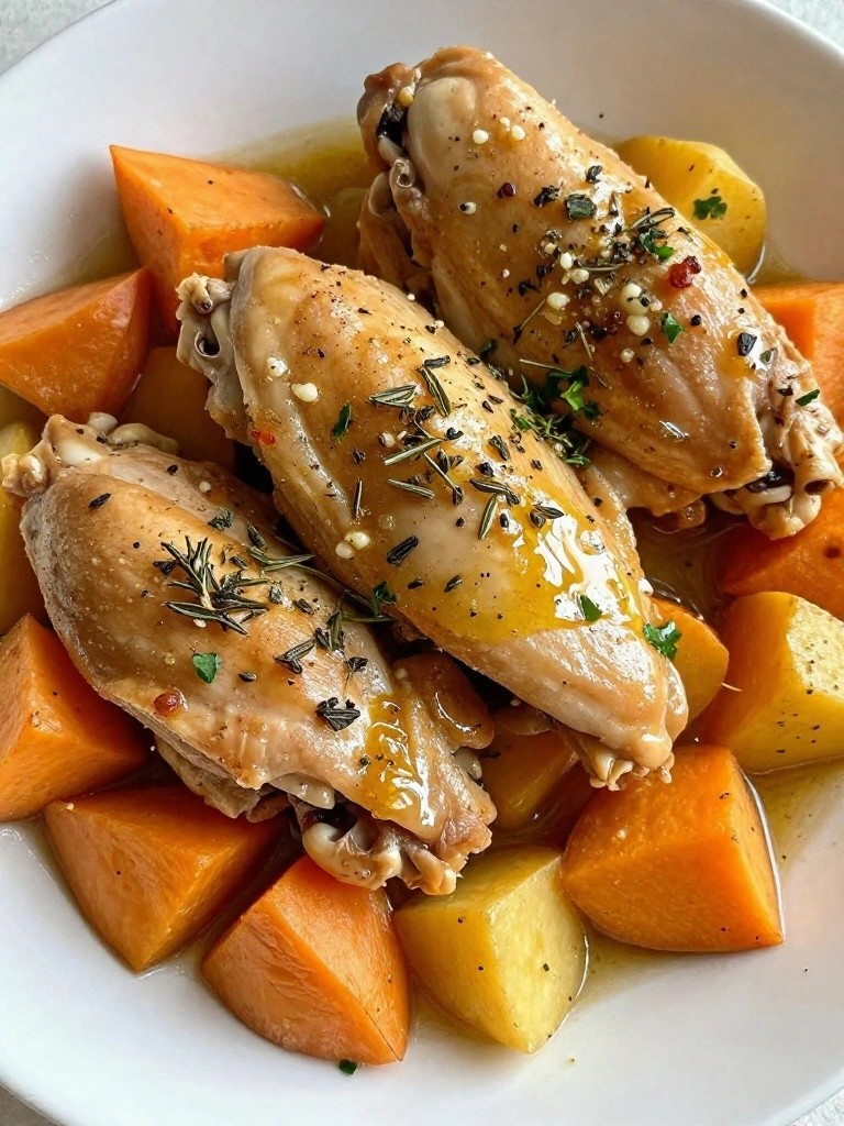 Braised chicken wings with sweet potatoes in herb broth.