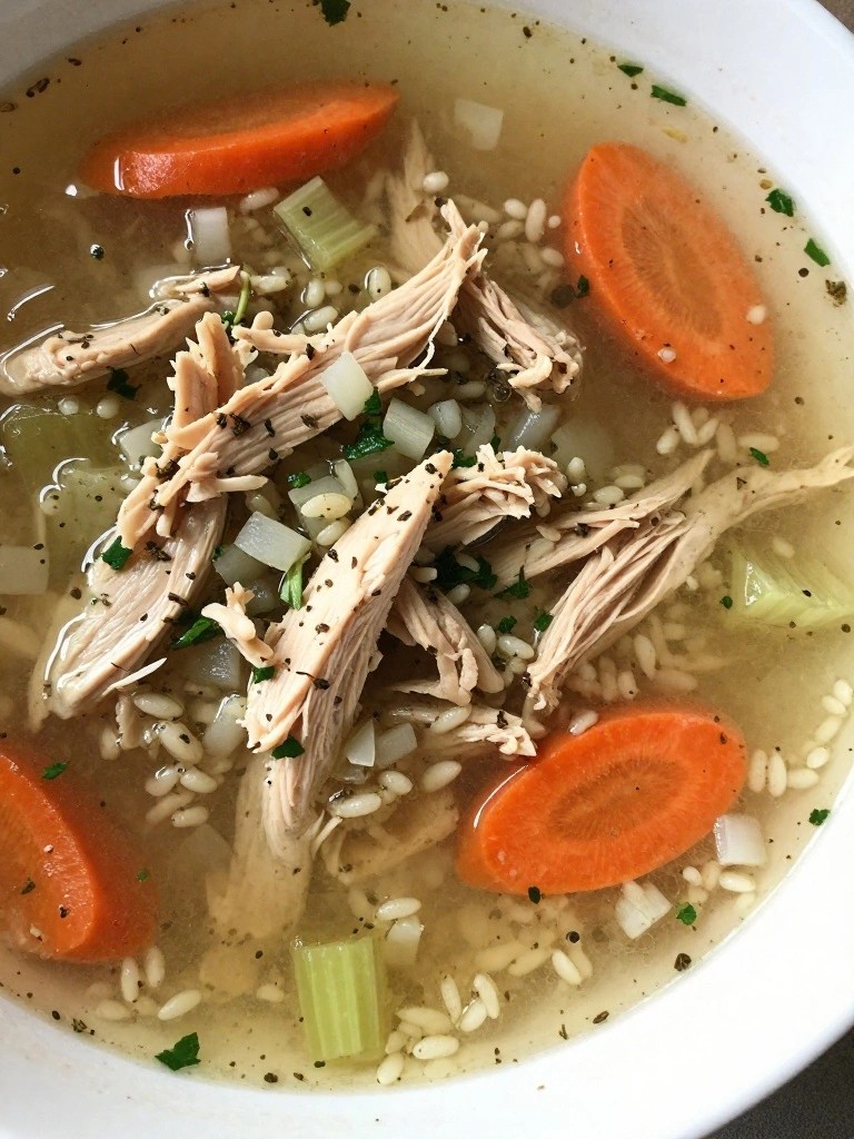Chicken noodle soup with shredded meat, carrots, and celery.