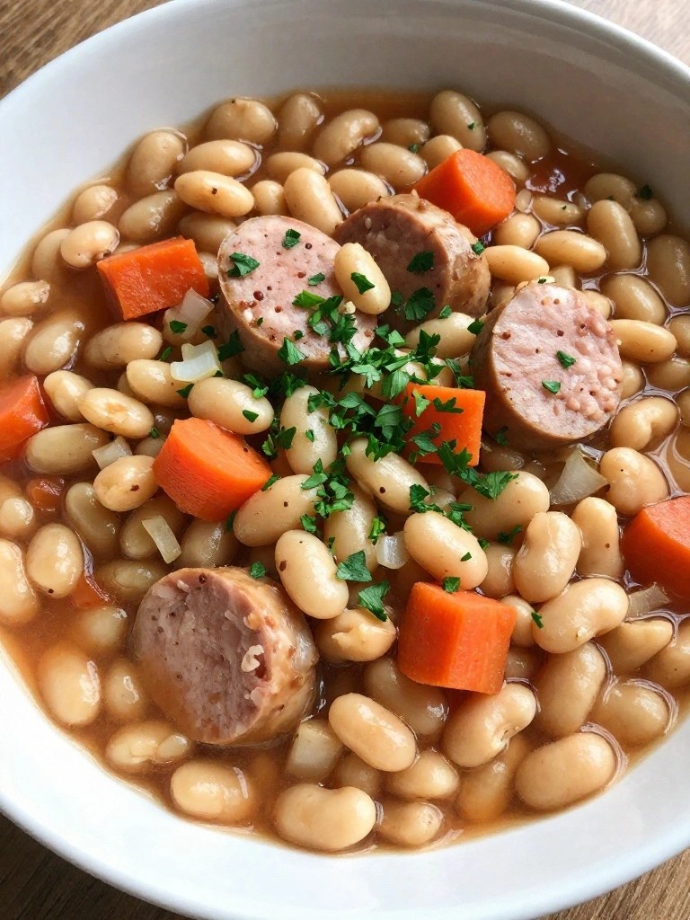 White bean stew with sliced sausage and carrots in broth.