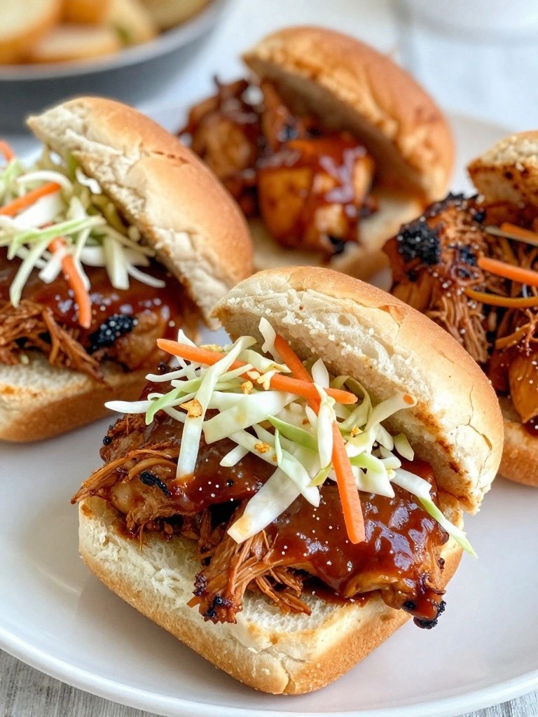 Pulled pork sliders with coleslaw on soft buns.