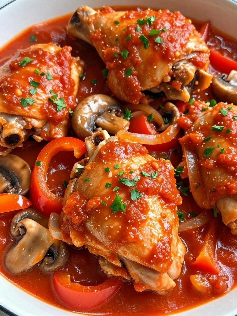 Chicken thighs in tomato sauce with mushrooms and peppers.