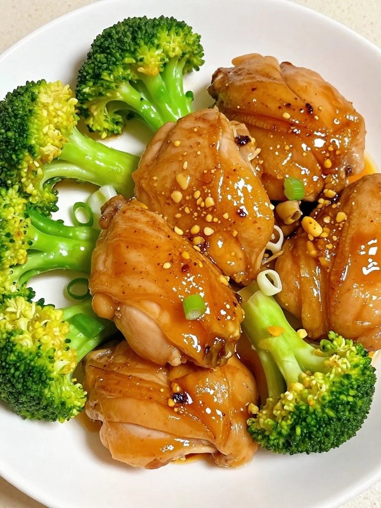 Glazed chicken thighs with broccoli on a white plate.