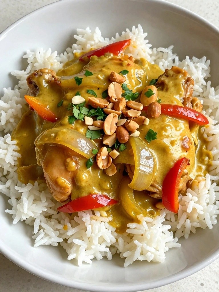 Creamy yellow curry with chicken, rice, peanuts, and red peppers.