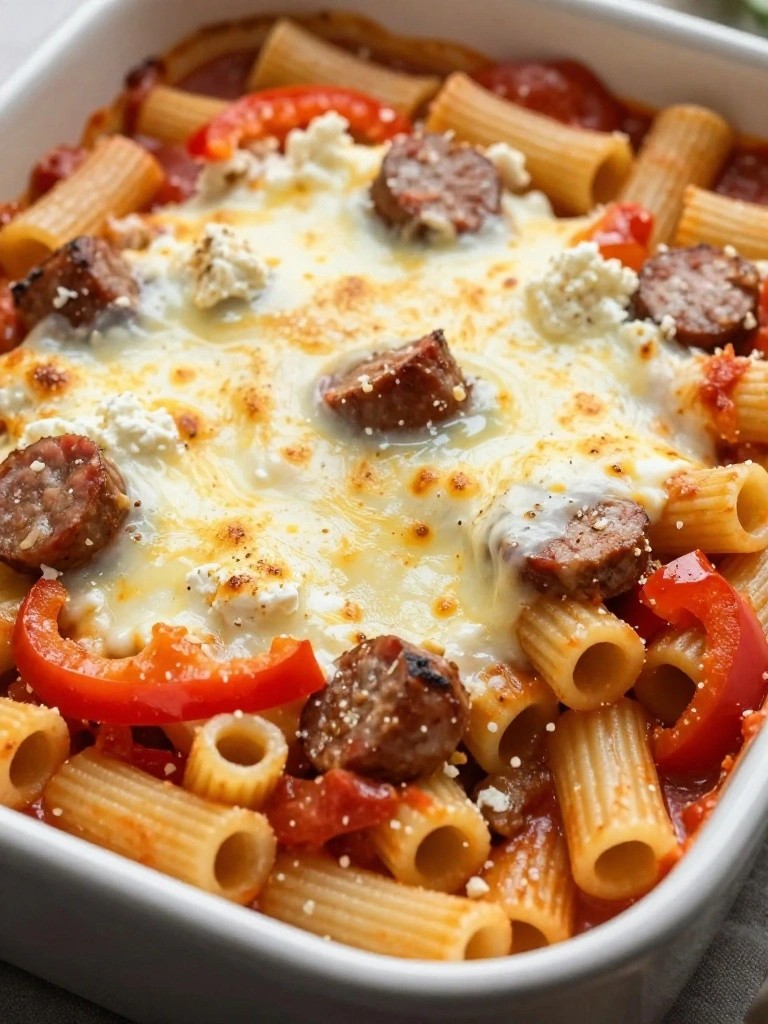 Cheesy Sausage and Pepper Baked Ziti