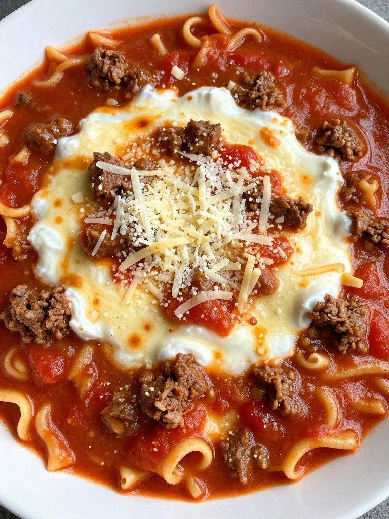 Cheesy Beef Lasagna Soup with Ricotta Swirl