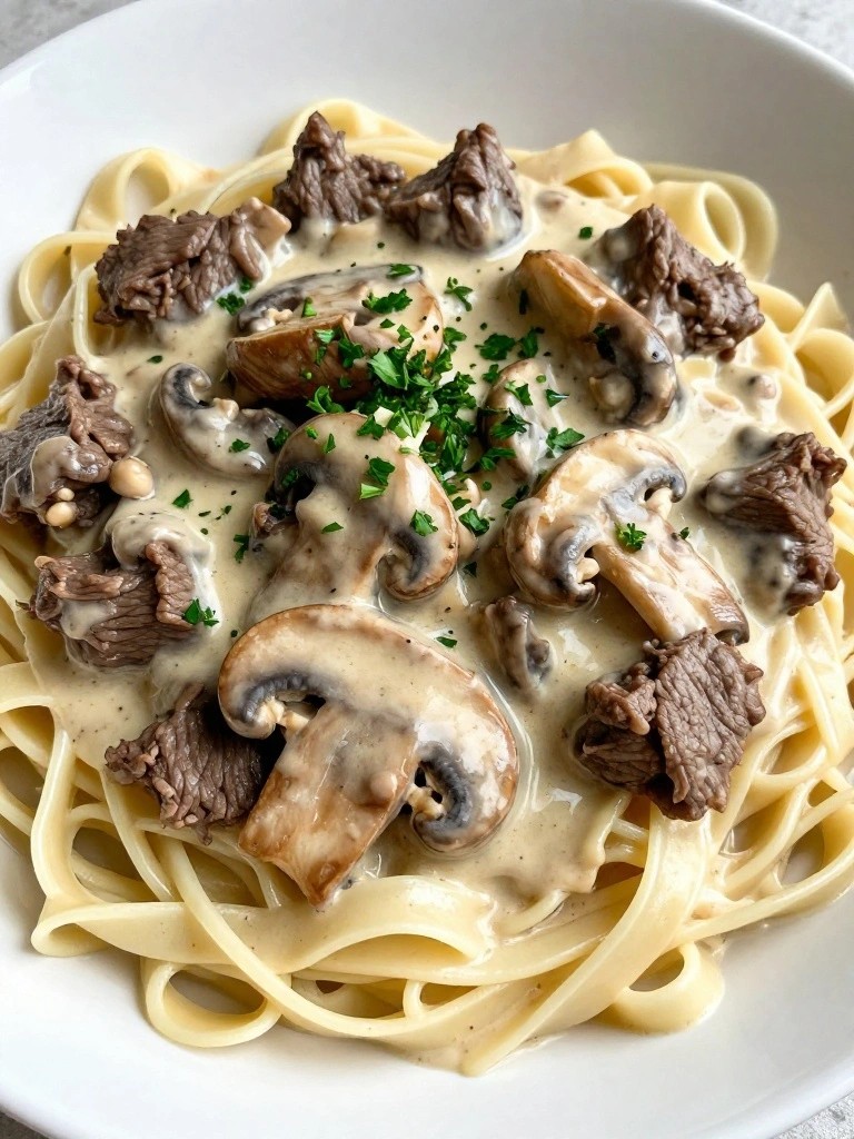 Creamy Beef Stroganoff with Mushrooms and Wide Noodles