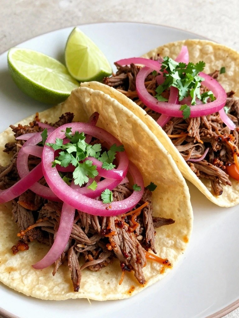 Shredded Beef Barbacoa Tacos with Pickled Onions