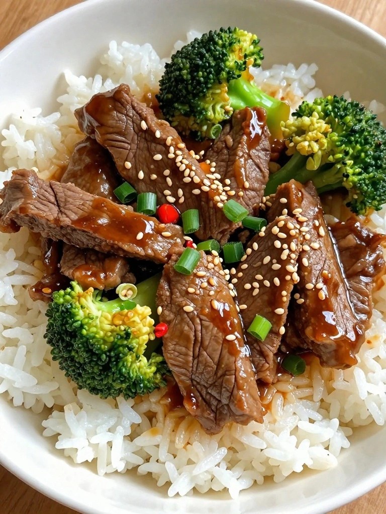 Sweet-Savory Mongolian Beef Bowls with Broccoli and Rice
