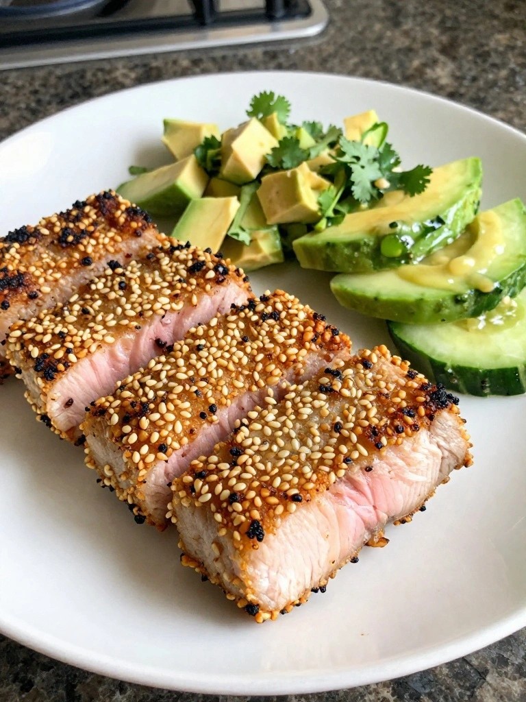 Sesame-Crusted Tuna with Cucumber Avocado Salad