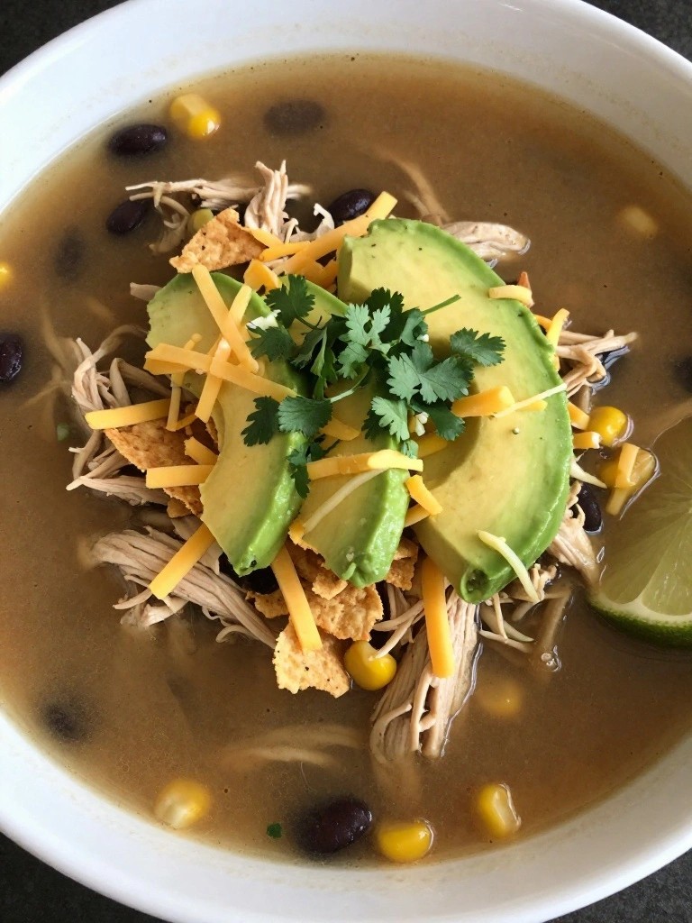 Chicken tortilla soup topped with avocado, cheese, cilantro, and lime.