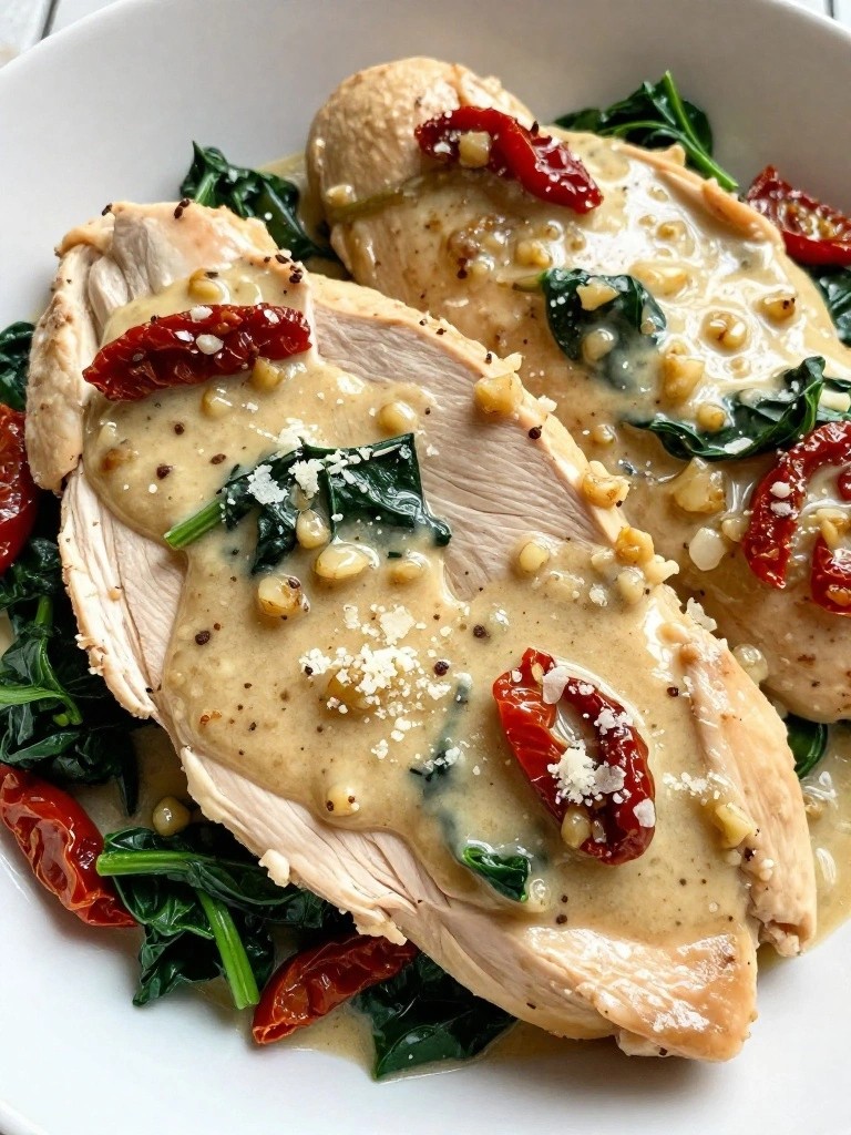 Creamy chicken with spinach and sun-dried tomatoes in sauce.