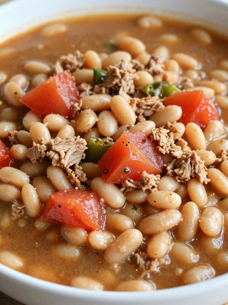 Close-up of white bean soup with shredded meat and diced tomatoes.