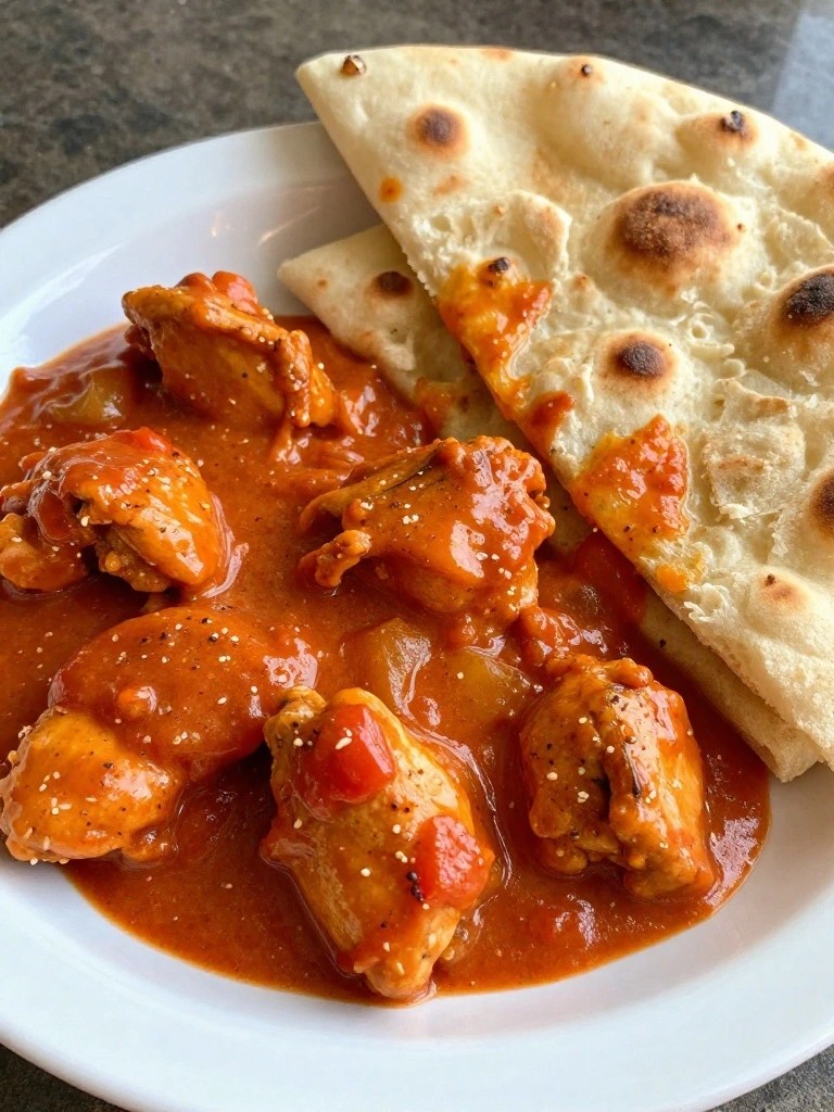 Chicken curry with flatbread on a white plate.
