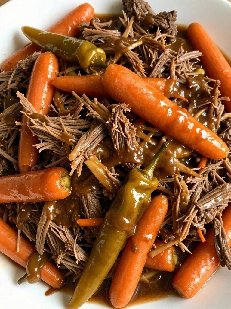 Shredded beef with carrots and peppers in glossy brown sauce.