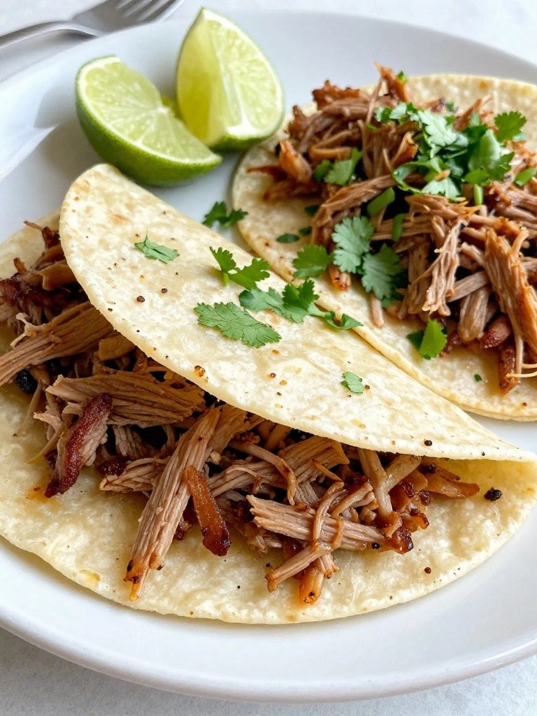 Shredded pork tacos with cilantro and lime wedges on a white plate.