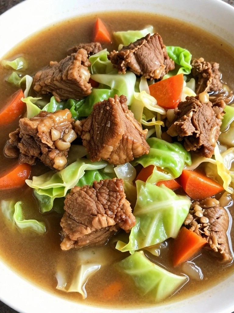 Bowl of beef stew with cabbage and carrot chunks in broth.