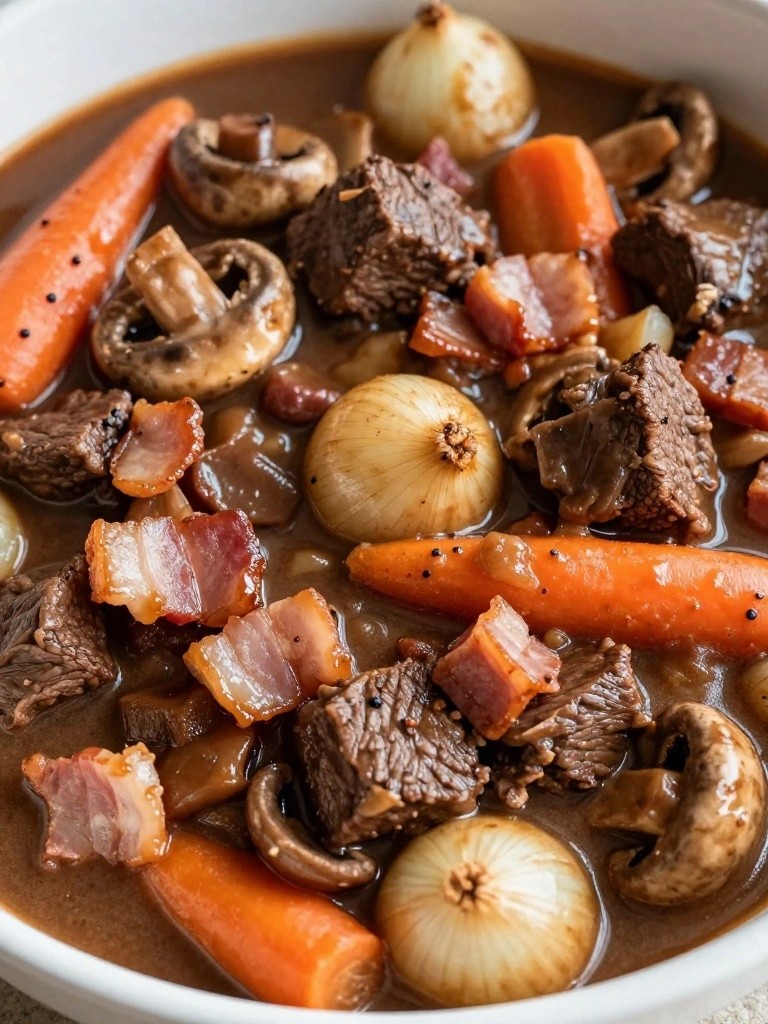 Beef stew with carrots, mushrooms, onions, and bacon in gravy.