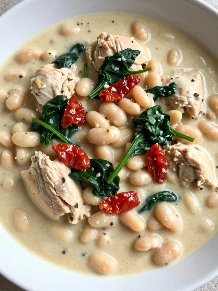 Creamy white bean soup with chicken, spinach, and sun-dried tomatoes.