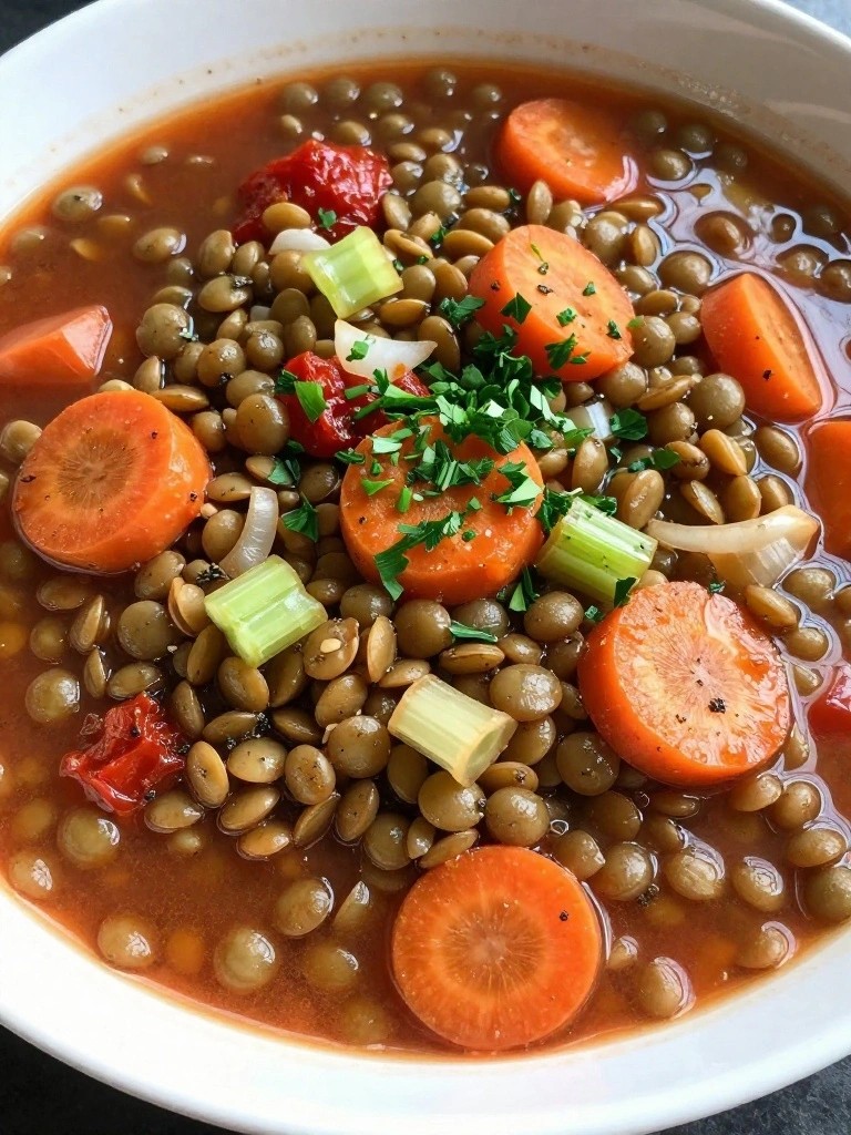Bowl of lentil soup with carrots, celery, tomatoes, and parsley.